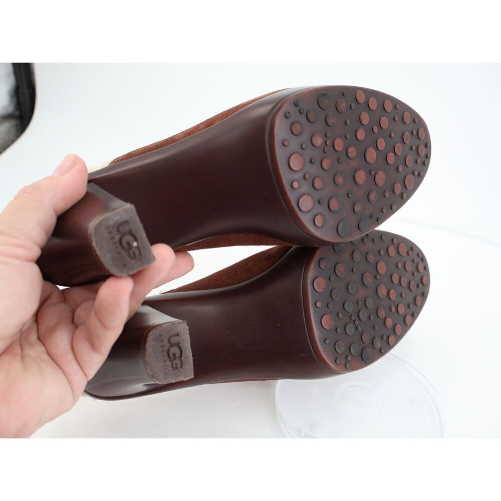 UGG Mules Women's Size 7 Brown Suede Shearling Lined Slip On Heels Clogs - Picture 8 of 12